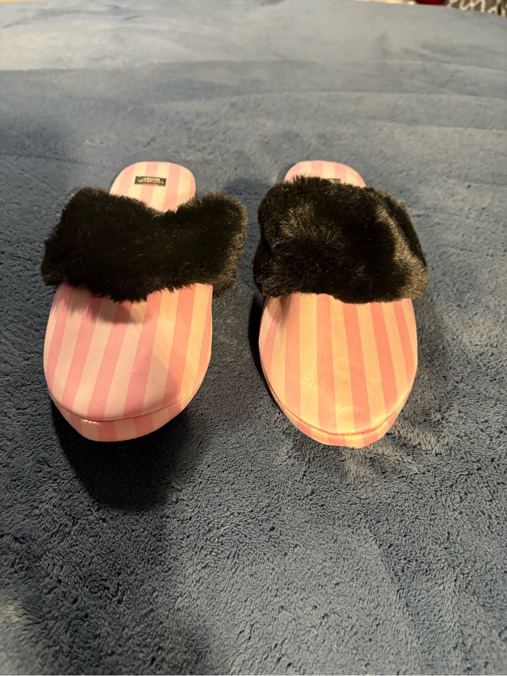 Victoria's Secret Pink Striped Faux-Fur Slide Slippers